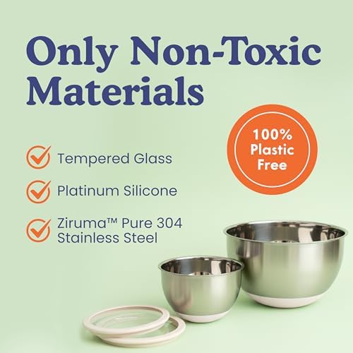 Non-Toxic Stainless Steel Mixing Bowls, Glass Lids, Plastic Free, 5-Pcs | LFGB platinum silicone seal. Keeps food fresh longer. Airtight. Non-slip silicone base. Dishwasher safe. Measurement marks. - Image 2