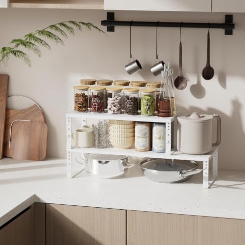 Expandable Spice Rack & Kitchen Cabinet Organizer - Stackable, Adjustable Shelves for Cabinets, Countertops, Cupboards & Pantries(1 Pack/Medium/White) - Image 2