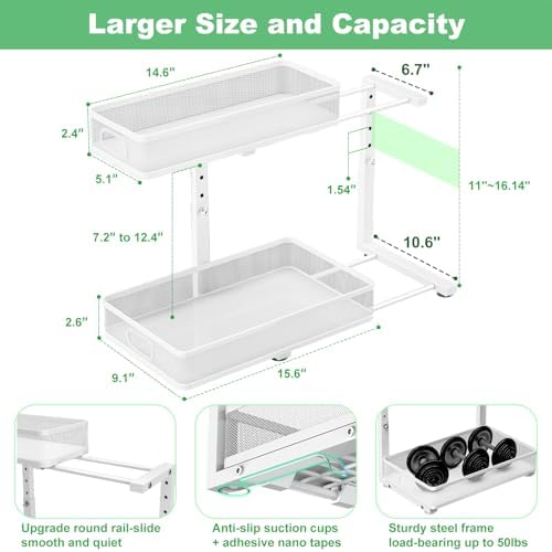 Under Sink Organizer 2 Pack, High Adjustable 2 Tier Under Sink Organizers and Storage, Slide out Metal Cabinet Organizers, Pull out Storage Drawer Shelf for Kitchen Bathroom Cabinet (White) - Image 4