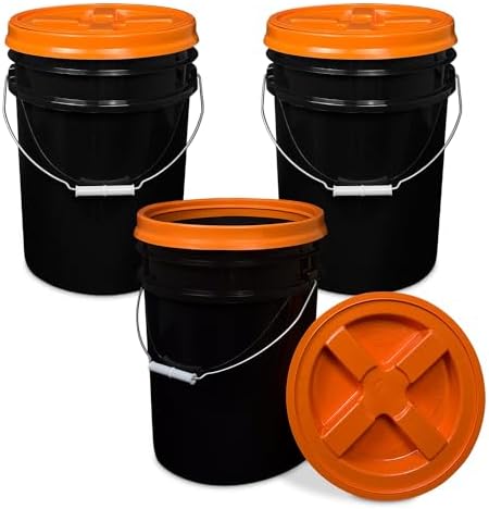 ePackageSupply 5 Gallon Bucket - Food Grade w/Lid BPA-Free, Black/Orange, 3 | Airtight Gamma Seal Screw-On Lid, Heavy-Duty 90 Mil HDPE Plastic, Food Safe and Durable Container, Bulk Storage, Made in USA by ePackageSupply