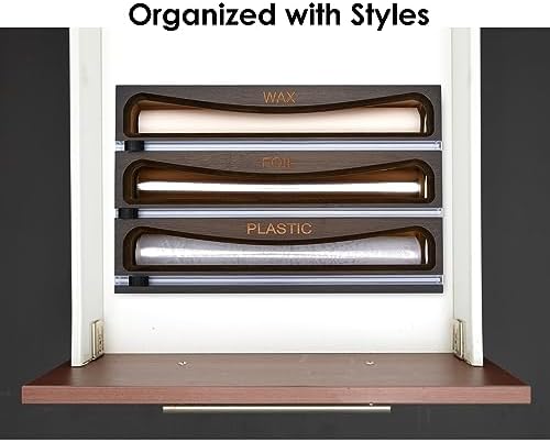 Bamboo Wrap Dispenser with Cutter, Plastic Wrap Organizer, Aluminum Foil Organization, and Wax Paper Dispenser Holder for Kitchen Drawer and Wall, Compatible with 12" Roll (03 Vintage Brown) - Image 2