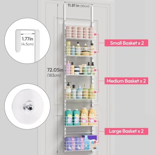 SWTYMIKI Over The Door Organizer - Door Organizer Hanging with 6 Adjustable Metal Large Capacity Basket, Wall Mounted Shelf for Bedroom Closet Bathroom Laundry Pantry Cabinet Kitchen(White) - Image 2