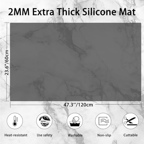 Silicone Mats for Kitchen Counter, 47.3"x23.6"(120cmx60cm) Large Heat Resistant Mat Kitchen Island Waterproof 2MM Thick Countertop Protector Mat Nons-slip Extra Large Counter Mat, Translucent Gray - Image 2