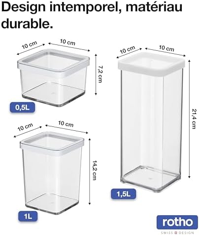 Rotho Loft Set of 3 Storage Containers, Various Sizes, Food-Grade Plastic (SAN) BPA-Free, Transparent/White, 1 x 0.5 Litre + 1 x 1.5 Litre (21.2 x 11.4 x 23.5 cm) - Image 4