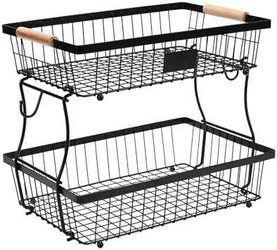 Fruit Basket Bowl 2 Tier Detachable with 2 Banana Hangers, Fruit Stand Holder for Kitchen Countertop, Metal Wire Vegetable Storage Organizer, for Bread Snack Veggies Produce, Black by Lawhood-Mijin