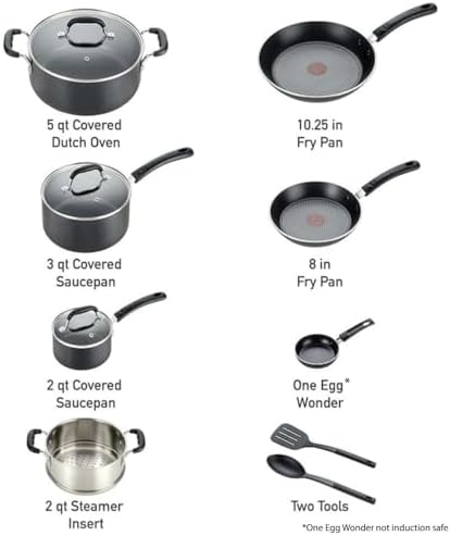 T-fal Experience Nonstick Cookware Set 12 Piece, Induction, Oven Broiler Safe 350F, Kitchen Cooking Set w/Fry Pans, Saucepan, Stockpot, Kitchen Utensils, Pots and Pans, Dishwasher Safe, Black - Image 2