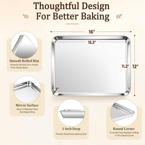 Stainless Steel Baking Sheet, 16" x 12" Cookie Sheet Pan, 1-Pack | Jelly Roll Pan for Baking Roasting Cooking, Heavy Duty & Non-Toxic, Easy Clean & Dishwasher Safe - Image 3