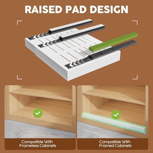 Seinloes 2 Pack Expandable Pull Out Cabinet Organizer 16.5"Deep with Raising Pad for Framed Cabinets,Upgrade 3 Slide Rails Slide Out Drawers,Roll Out Shelves Adhesive,Adjustable Width 12.2"-20.4"White - Image 2