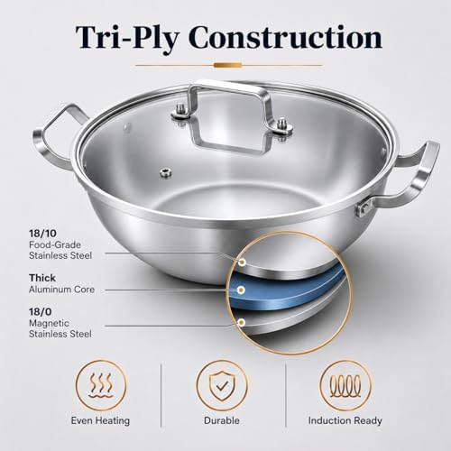 DELARLO Tri-Ply Stainless Steel Hot Pot 13 inch Everyday pan With lid,5QT - Image 2