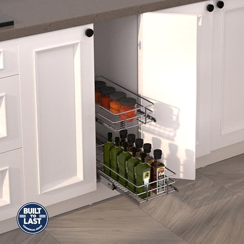 JOWBOOW 2-Tier Narrow Cabinet Pull Out Shelves, 8" W x 22" D, Chrome | Heavy-Gauge Wire Sliding Shelves, 100 lbs Limit, Ball-Bearing Glides, 3 Heights, Min 9" Opening, For Spices & Under Sink - Image 2