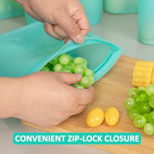 Reusable Food Bags, 8 Pack 100% Silicone Food Storage Bags Stand Up Zip Lock Container, Freezer Microwave Oven Dishwasher Safe, 4 Medium 2 Small 2 Extra Small, Aqua - Image 5