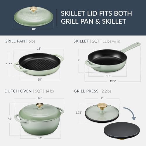 Best Choice Products 6-Piece Cast Iron Cookware Set, Ceramic Coated 6Qt Dutch Oven, 2Qt Skillet W/Lid, 10" Grill Pan W/Press, Non-toxic, Heavy Duty, Gas/Induction Compatible, PFAS Free - Sage - Image 2