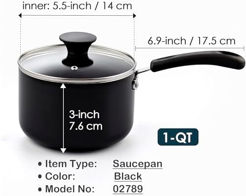 Cook N Home Basic 1 Quart Nonstick Saucepan with Glass Lid, Small Non Stick Aluminum Sauce Pan, Multi-Purpose Milk Chocolate Cooking Pot with Stay-Cool Handle, Black - Image 2