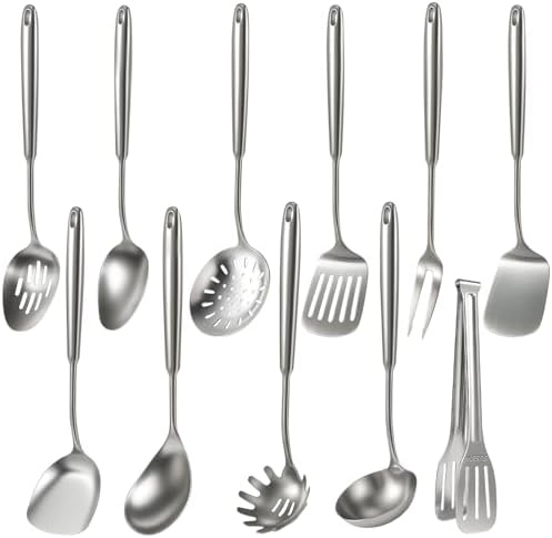 Newness 11 Pcs Cooking Utensils Set, 304 Stainless Steel Kitchen Utensils Set, Metal Kitchen Accessories, Include Soup Ladle, Slotted Skimmer Spoon, Spaghetti Spoon and Spatula, Dishwasher Safe by NewnessFocusOnStainlessSteel