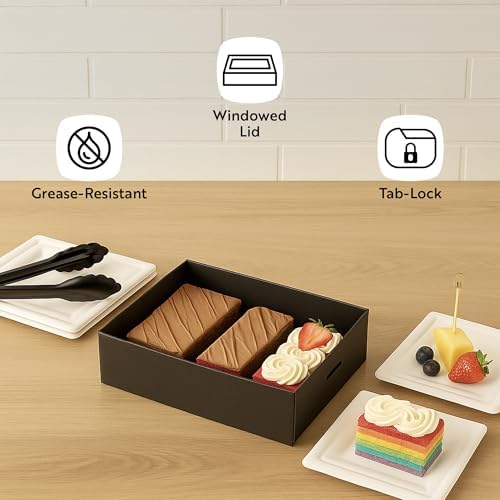 Restaurantware-Cater Tek 22.2 x 10 x 3.2 Inch Baked Goods Boxes, 100 Greaseproof Pastry Boxes - Window Lids, Insert Tab Lock, Black Paper Catering Box, Easy Assembly, For Charcuterie Or Cupcakes - Image 4