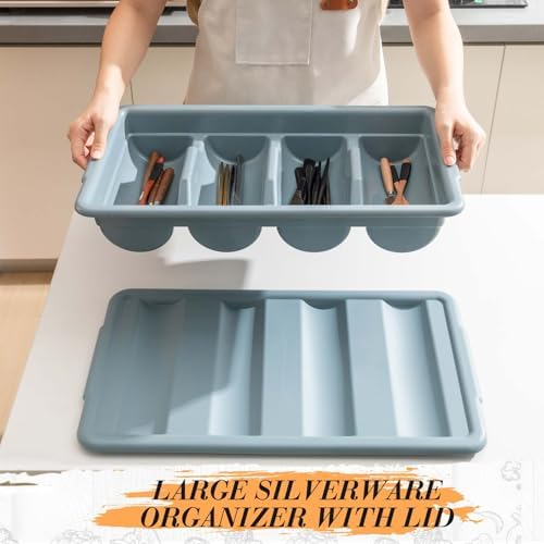 Maxdot 2 Pcs 20.5 x 11.9 x 3.7 Inch Silverware Organizer with Lid, Commercial 4-compartment Restaurant Kitchen Cutlery Tray, Plastic Silverware Storage Container, Condiments Holder (Grayish Blue) - Image 5