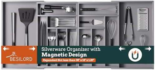Magnetic Expandable Silverware Drawer Organizer, 13 Slots Utensil Gray | Magnetic Connected, Expandable 21-37.4 Inch, 13 Divided Slots, Gray Cutlery Utensil Organize Kitchen by Besilord