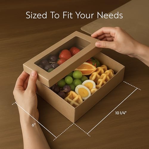 Restaurantware-Cater Tek 10.2 x 6.1 x 3.2 Inch Catering Boxes, 10 Insert Tab Lock Baked Goods Boxes - Window Lids, Easy Assembly, Kraft Paper Window Pastry Box, For Charcuterie Or Cupcakes - Image 2