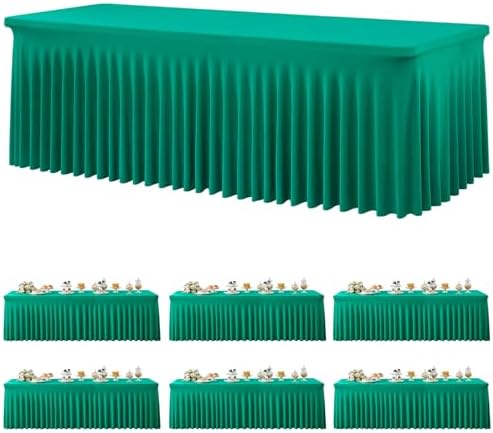 6 Pack Emerald Green Spandex Tablecloth for 8 Foot Rectangle Tables, Wrinkle Free Fitted Table Cloth Cover 8FT Green Stretchy Tablecloths with Skirt for Parties Weddings Birthday Banquet Baby Shower by Htper