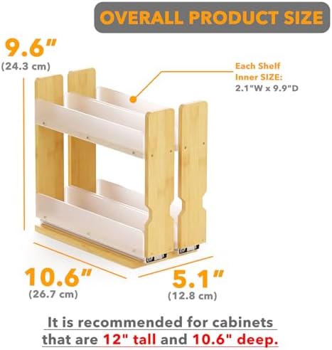 SpaceAid Bamboo Pull Out Spice Rack Organizer for Cabinet, Heavy Duty Slide Out Seasoning Kitchen Pantry Sliding Vertical Organization, 5.1" Wide, 2 Drawers(2" Wide), 2-Tier, Natural - Image 3