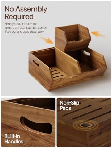 TIDITA Set 3 Wood Potato and Onion Storage Bin, Stackable Product Basket | Acacia Wood, Built-in Handles, Ventilated Pantry Storage Bins, 50LBS Capacity, Non-skid Pad, Slatted Bottoms, Multi-Use - Image 3