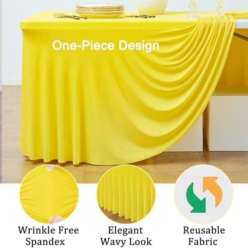 2 Pack Yellow Spandex Table Clothes for 6 Foot Rectangle Tables, Wrinkle Free Lemon Fitted Table Cover 6ft Stretch Tablecloths Desk Skirt for Parties Weddings Birthday Banquet Baby Shower - Image 4