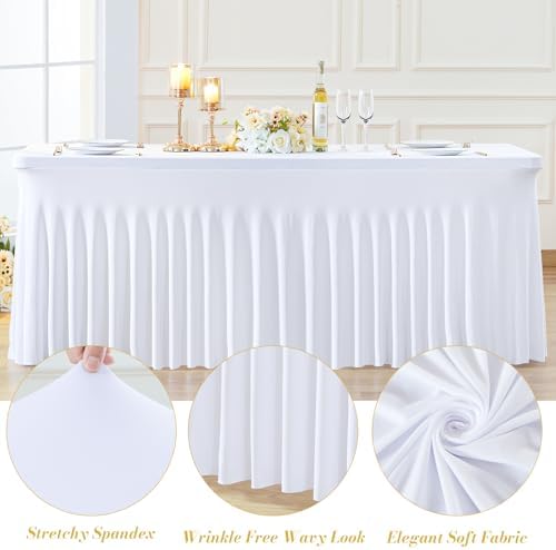 Besutolife 2 Pack White Spandex Tablecloth for 8ft Rectangle Tables Fitted Table Cloth Stretch Table Covers Skirt 8ft Rectangular Tablecloths for Banquet Parties Wedding Decorations - Image 6