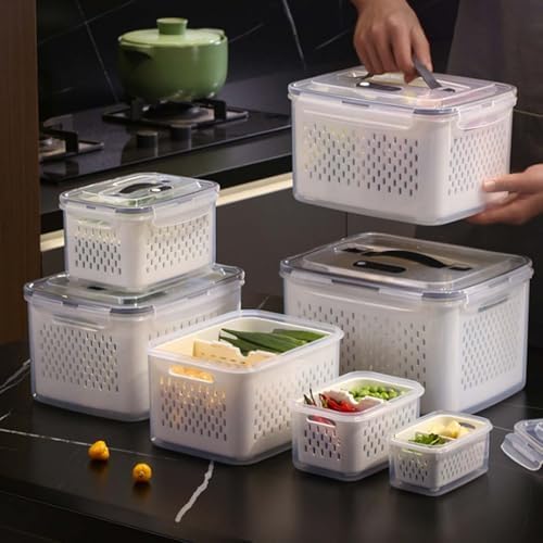 4 In 1 Food Storage Containers with Lids, Fruit Storage Containers for Fridge with Colander, Household Transparent Plastic Food Storage Box-Including Drain Basket for Vegetables & Meat (2S+2M+2L) - Image 2