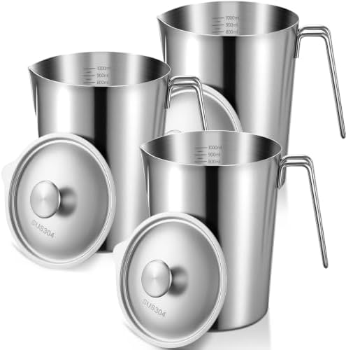 3 Pcs 32 oz Stainless Steel Pitcher with Lid (4 Cup, 1000 ML) by Acellegic