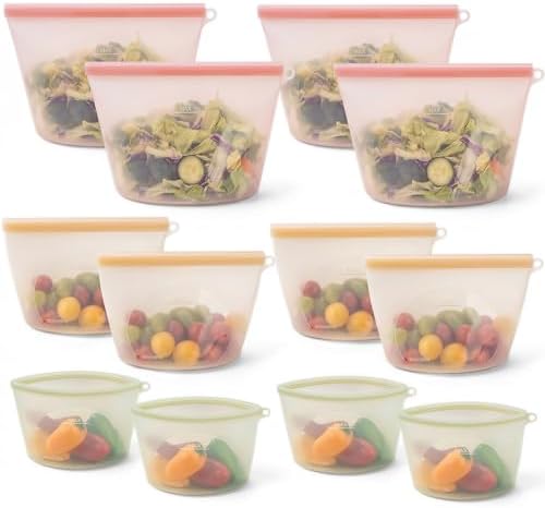 12-Packs Slider Reusable Silicone Food Storage Bags, 100% Silicone Stand-Up Wide-Open Leakproof Reusable Storage Bags for Food, Freezer Microwave Oven Dishwasher Safe, Eco-Friendly, Mixed 4L 4S 4XS by SiliseaDirect