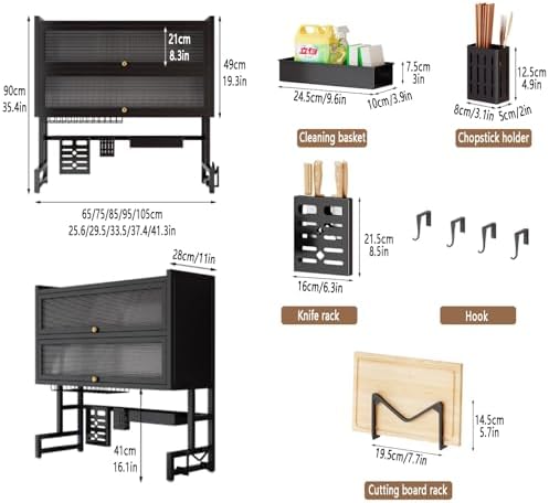 Large 3-Tier Over Sink Dish Drying Rack with Flip-top Door,Kitchen Counter Utensil Holder Organizers Space-Saving,Multifunctional Metal Counter Shelf,for Plates Bowl(Black,75cm/29.5in) - Image 7