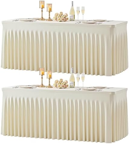 2 Pack 8ft Beige Spandex Tablecloths for Rectangle Tables Wrinkle Free Beige Rectangle Table Cloth Stretch Fitted Table Cover with Skirt for Wedding Birthday Party Banquet Baby Shower Buffet Event by Suppromo