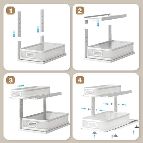 2 Pack 18.5IN-Depth Under Sink Organizer With Next-Gen Ball-Bearing Slides,2-Tier Precision Mesh Pull Out Cabinet Storage for Bathroom&Kitchen,Height Adjustable Drawers Shelf,Anti-rust-White - Image 5