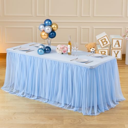 Suppromo 6 Pack 8ft Baby Blue Tulle Tablecloths for Rectangle Tables, 8 Foot Rectangular Table Cloth Wrinkle Free Table Cover with Tutu Skirt for Baby Shower Boy Birthday Party Banquet Buffet Cake - Image 2