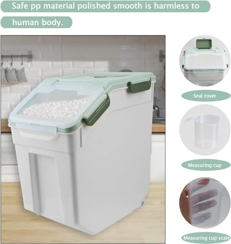 25LB Large Flour Storage Container Bin,Green Airtight Plastic with Wheels Seal Locking Lid Dispenser Organizer Storage Bin with Measuring Cup & Scoop for Flour, Rice, Grain，Set of 4 - Image 6