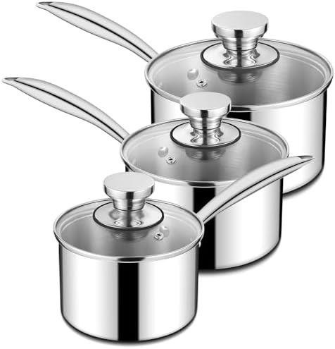 Homikit Stainless Steel Saucepan Set, 1Qt & 2Qt & 3Qt Sauce Pan with Lids 6pcs, Tri-Ply Bottom Induction Compatible Small Cooking Pot kitchen Cookware Set, Dishwasher Safe & Nonstick by Homikit
