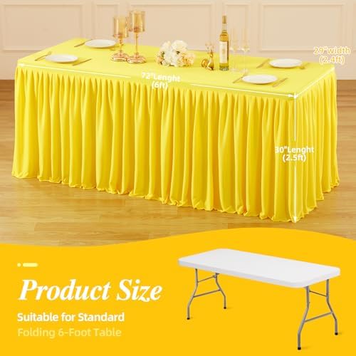 PARTISKY 6 Pack Yellow Tablecloths for Rectangle Tables 6ft, Wrinkle Resistant Spandex Table Cover Fitted Stretch Table Cloth with Pleated Ruffle Skirts for Party Banquet Dining Birthday Wedding - Image 3