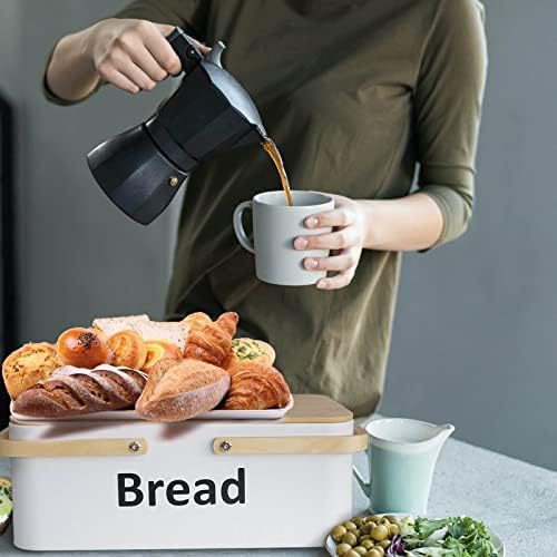SOTECH Large Bread Box Metal Bread Bin with Bamboo Lid and Handle Food Storage Container Modern Box for kitchen Counter Organizer Kitchen Decor Outdoor Portable Bread Box (white) - Image 6