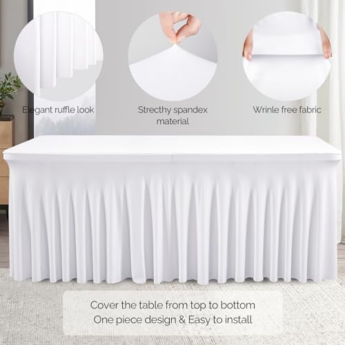Wish Care 8 Pack White Spandex Table Clothes for 6 Foot Rectangle Tables, 6FT Wrinkle Free Fitted Tablecloths Ruffles Design Table Cloth for Party, Banquet, Wedding and Events - Image 2