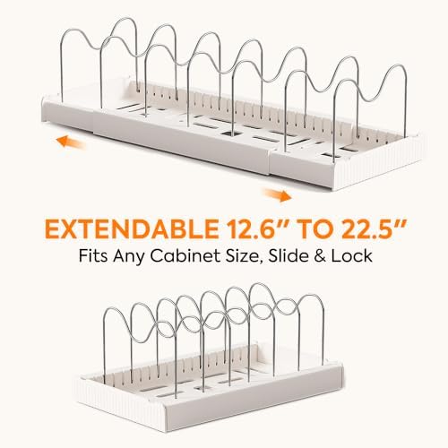 Pots and Pans Organizer under Cabinet, Expandable Adjustable Pot Lid Organizer Rack with 9 Stainless Steel Dividers, Food Storage Container Lid Holder for Kitchen Countertop Storage (White) - Image 2