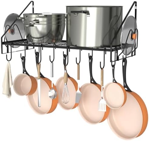 VyGrow 28 Inch Pot Rack Wall Mounted, Pots and Pans Organizer with 12 Hooks and 2 Pot Lid Holders, Heavy Duty Steel Pot and Pan Hanger for Kitchen Cookware Utensils Storage 34.7" Lx13 Wx12.6 H by VyGrow