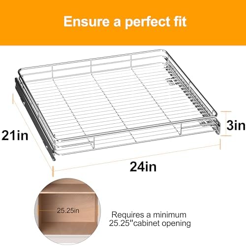 JOWBOOW Pull Out Cabinet Organizer 24" W x 21" D, Chrome-Plated Steel | Slide Out Kitchen Shelves, Heavy-Gauge Wire Storage Drawer, Ball-Bearing Glides, 100 Lb Capacity, Min 25" Cabinet Opening - Image 4