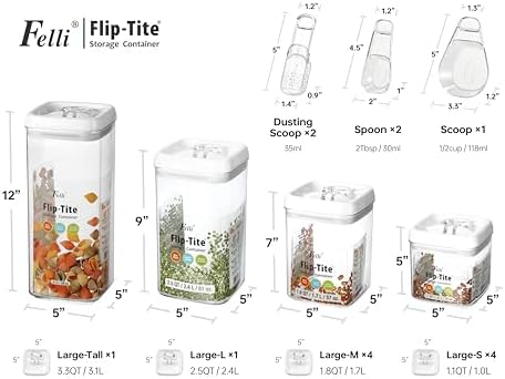 Felli Flip Tite Food Storage Container with Scoop & Lid 5" LARGE Airtight Ring Top, Acrylic Canister for Sugar Flour Baking Powder Rice Pasta, Kitchen Organizer Christmas Gift Set (10pk, Variety) - Image 3
