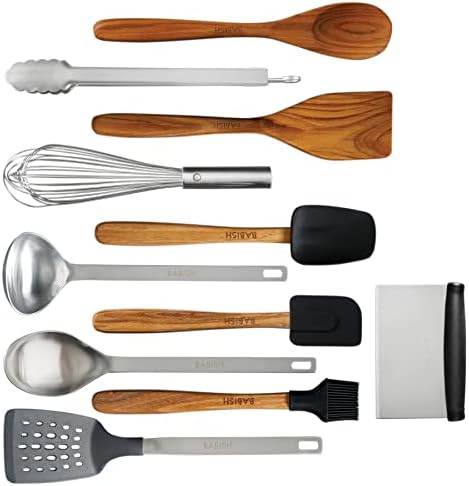 Babish 11 Piece Essential Teak Wood, Silicone, and Stainless Steel Tool Set by Babish