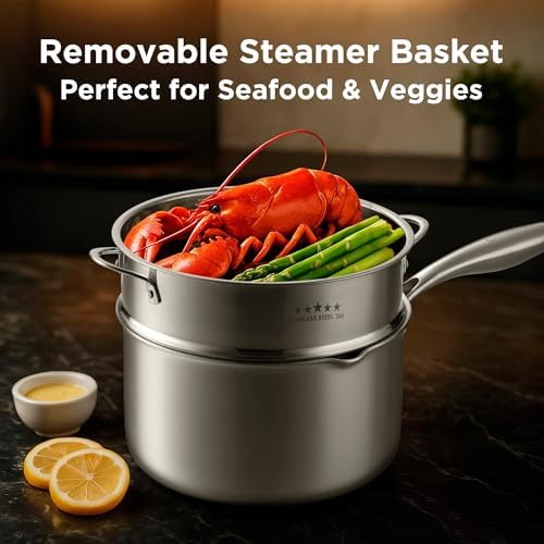 Tri-Ply Stainless Steel Sauce Pan with Steamer Basket & Straining Glass Lid— 2-in-1 Multi-Function Pot for Steaming, Boiling & Simmering — Healthy, Durable, Rust-Resistant, Professional-Grade Cookware - Image 5