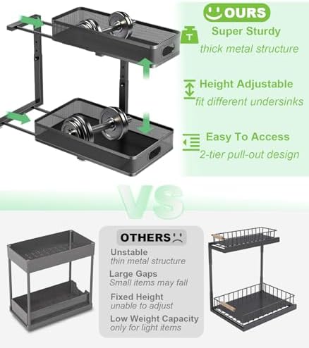 Under Sink Organizer 2 Pack, High Adjustable 2 Tier Under Sink Organizers and Storage, Slide out Metal Cabinet Organizers, Pull out Storage Drawer Shelf for Kitchen Bathroom Cabinet (Black) - Image 2