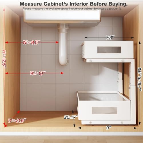 2 Packs 21IN Depth Under Sink Organizer, 2-Tier Pull Out Cabinet Organizer With Smooth Circular Rail, Large Capacity Metal Mesh Sliding Drawers For Bathroom& Kitchen Storage,Height Adjustable –White - Image 2