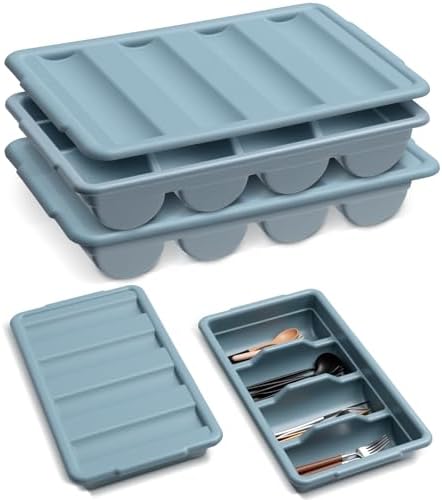 Maxdot 2 Pcs 20.5 x 11.9 x 3.7 Inch Silverware Organizer with Lid, Commercial 4-compartment Restaurant Kitchen Cutlery Tray, Plastic Silverware Storage Container, Condiments Holder (Grayish Blue) by Maxdot