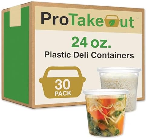 24oz [30 set] Heavy Duty Plastic Deli Container | BPA-Free Food Storage with Airtight Leak‑Proof Lids | Microwave, Freezer & Dishwasher Safe – Stackable, Bulk Reusable Soup & Meal Prep Tub by ProTakeOut
