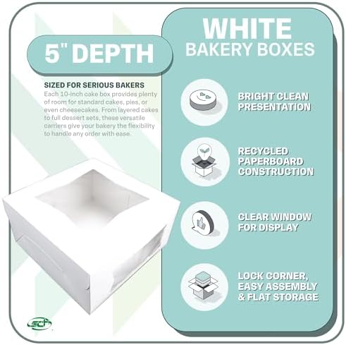 SCT white window bakery boxes with tuck-in lid, 10 x 10 x 5, white, paper, 150/carton - Image 3